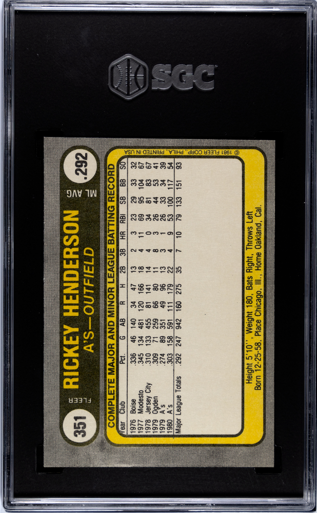 1981 Fleer Rickey Henderson #351 SGC 7