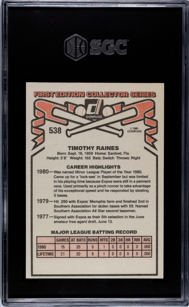 1981 Donruss Tim Raines #538 SGC 8