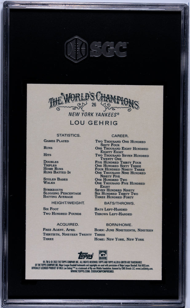 2022 Topps Allen & Ginter LOU GEHRIG #26 SGC 10
