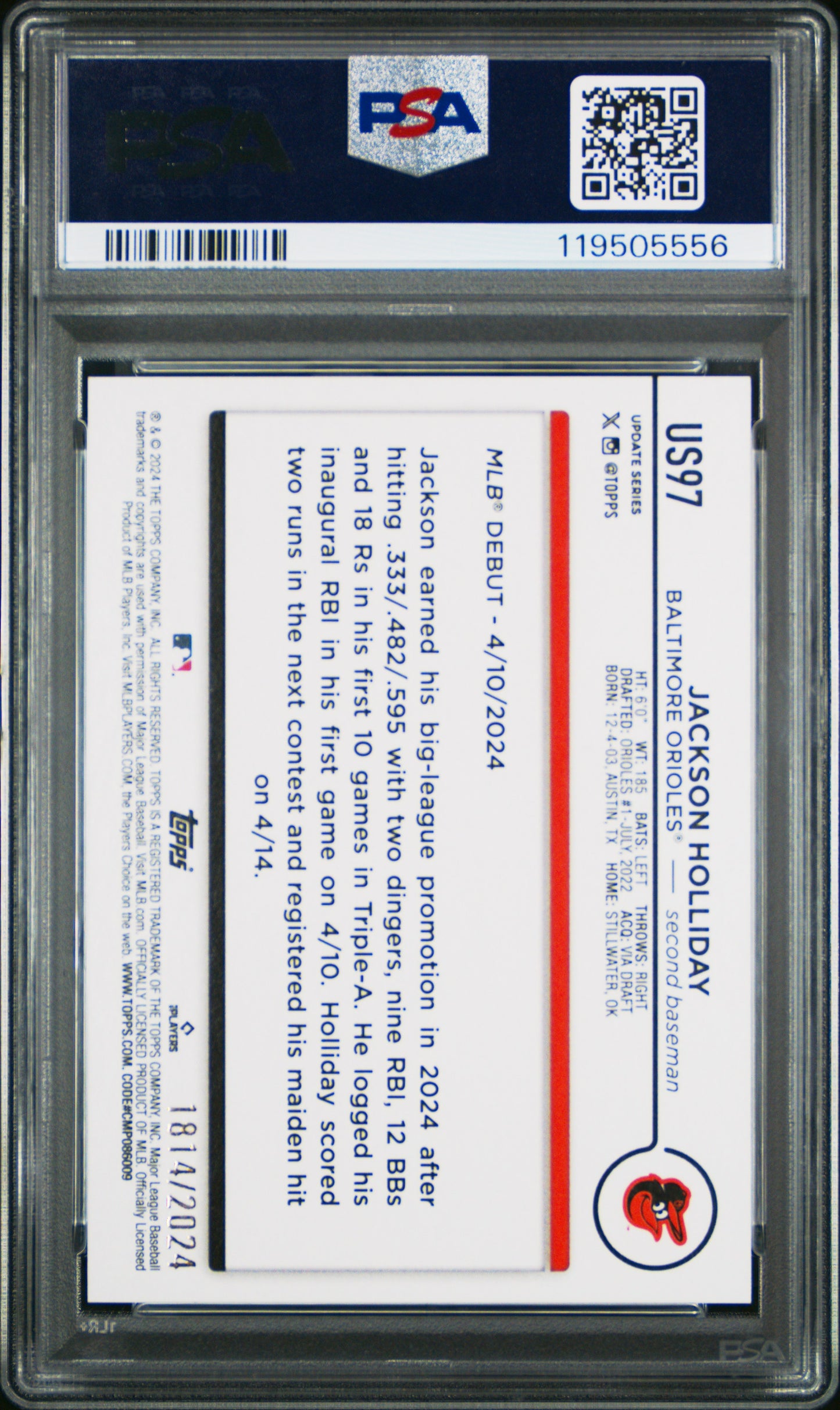 2024 Topps Update JACKSON HOLLIDAY #US97 Gold PSA 9 -1814/2024 - Rookie RC