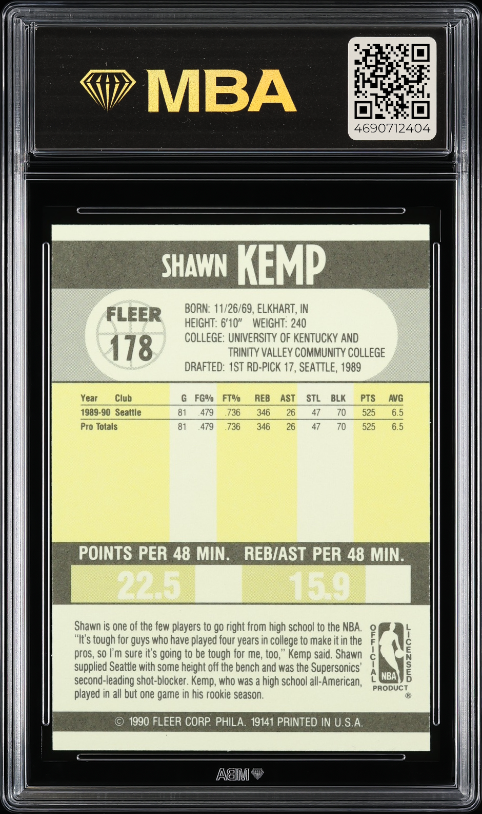 1990 Fleer Shawn Kemp #178 MBA 5