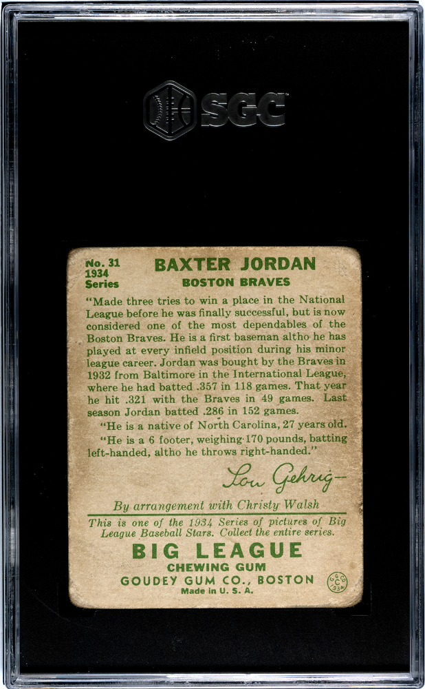 1934 Goudey BAXTER JORDAN #31 SGC 2.5