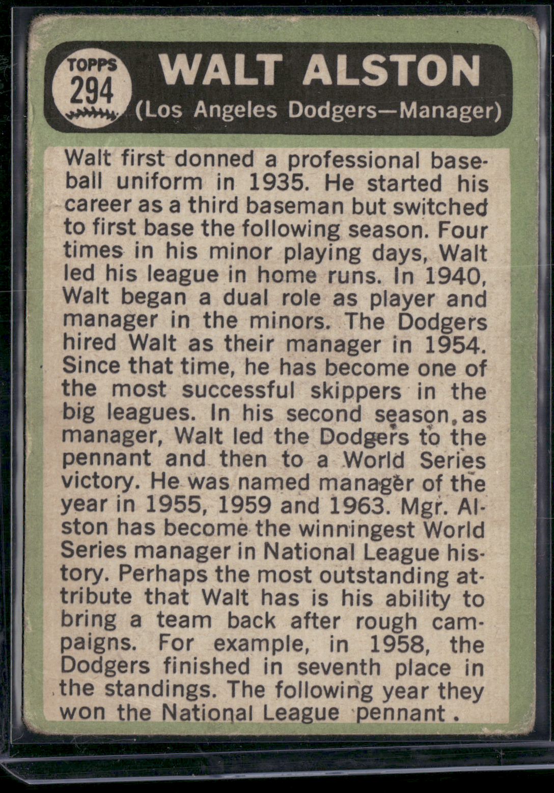 1967 Topps WALT ALSTON #294 Toning Wrinkles (Good-VG)
