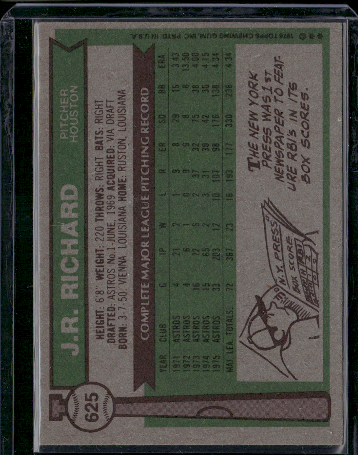 1976 Topps J.R. RICHARD #625 (VG - Ding on bottom)
