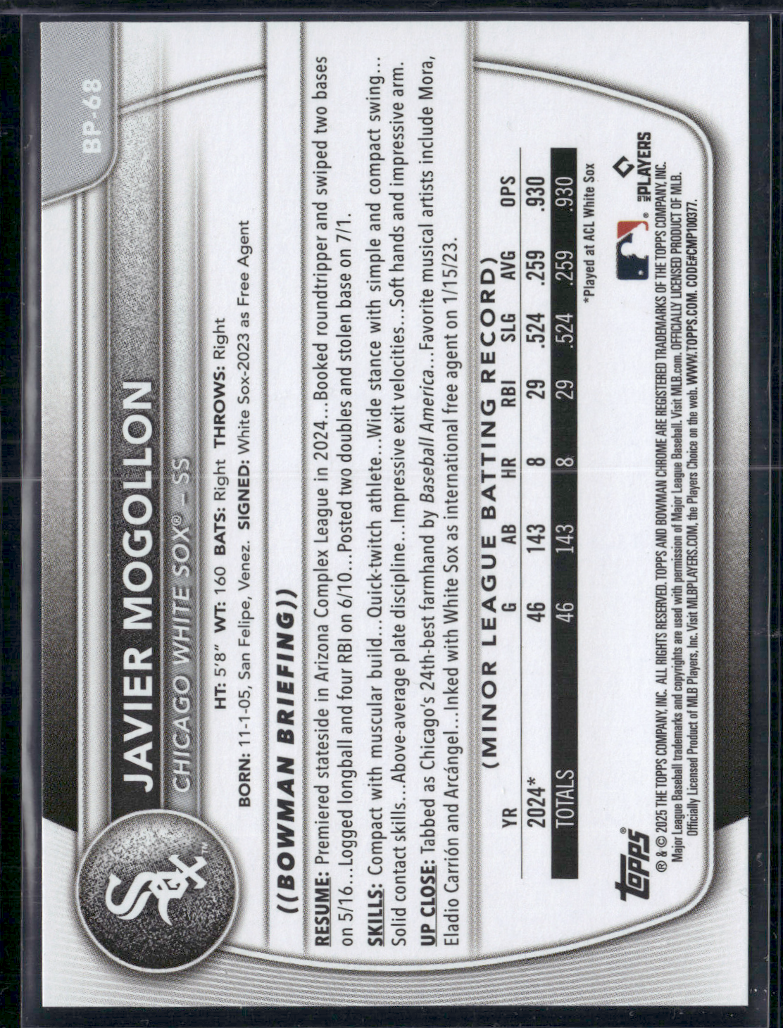 2025 Bowman JAVIER MOGOLLON #BP-68 1st Bowman