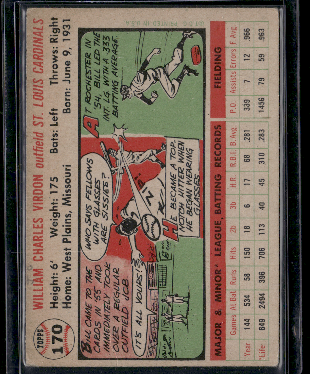 1956 Topps BILL VIRDON #170 Wrinkling