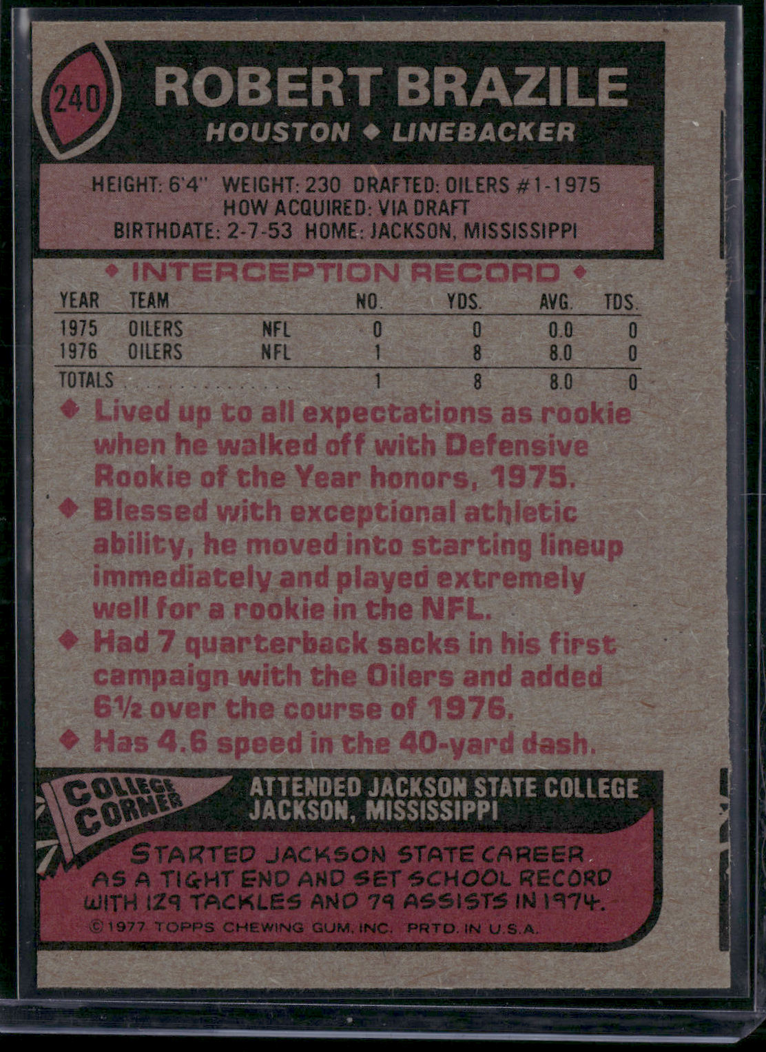 1977 Topps ROBERT BRAZILE #240 (EX)