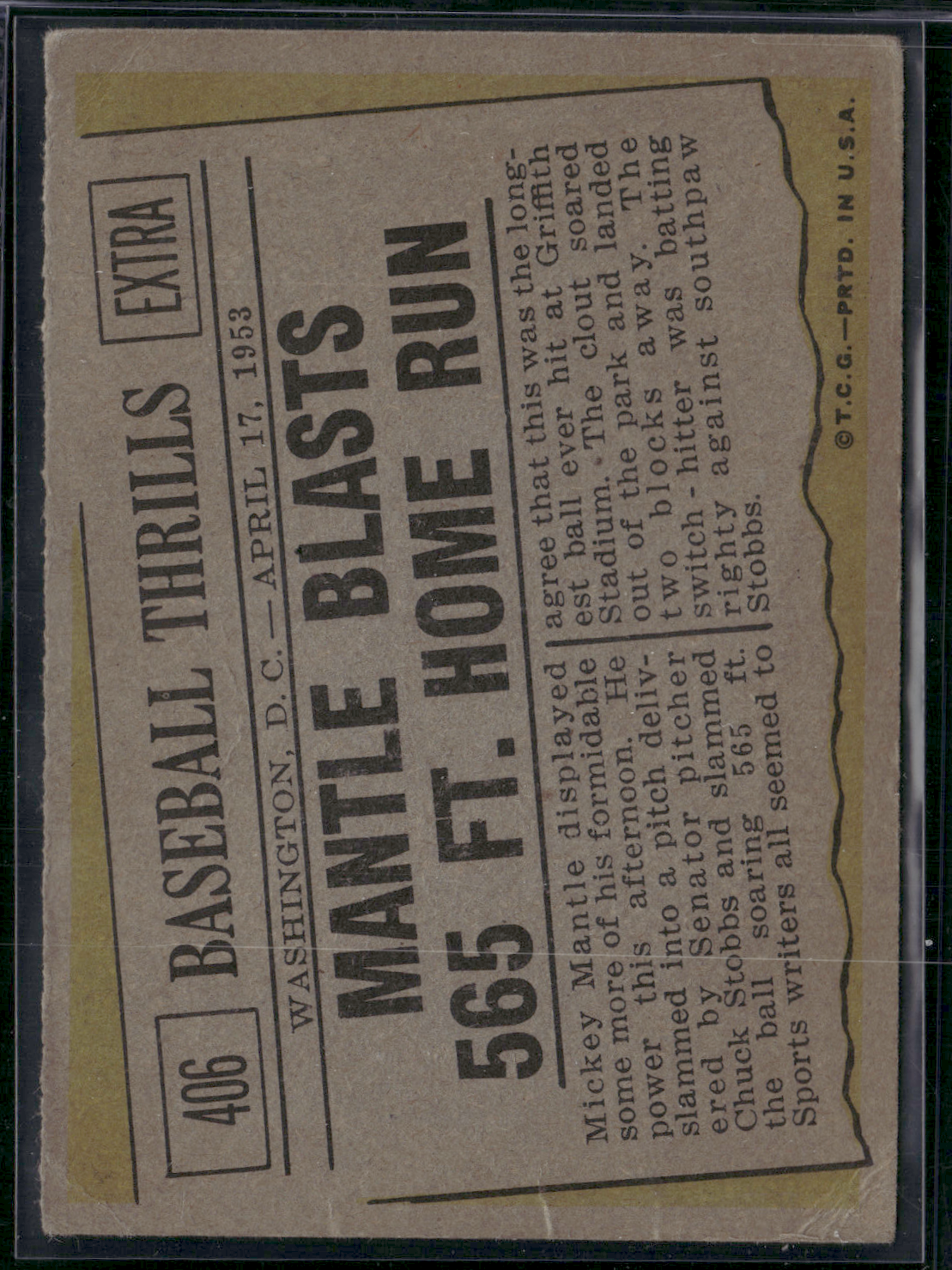 1961 Topps MANTLE BLASTS 565FT HOME RUN #406 Baseball Thrills Light Wrinkles(VG)