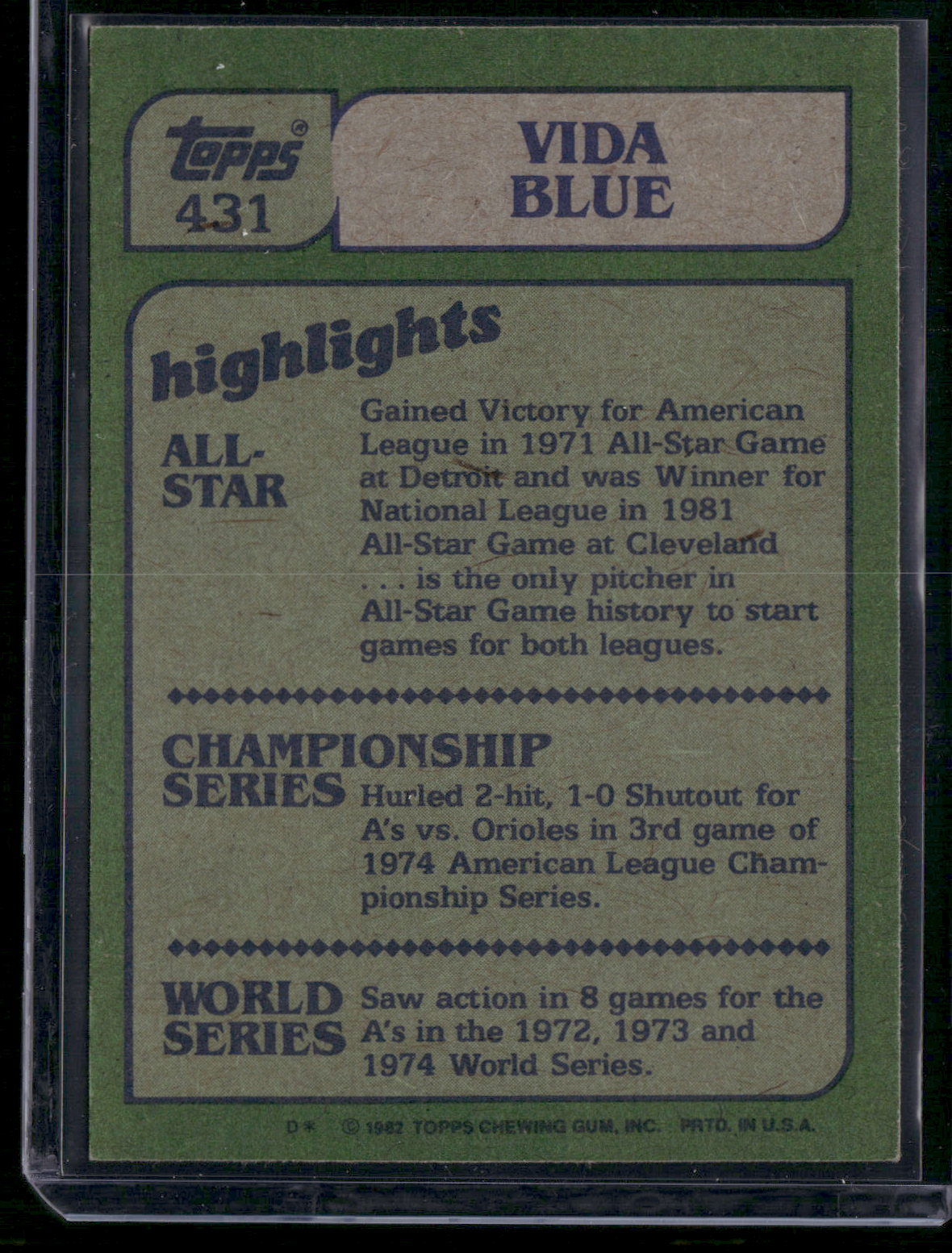 1982 Topps VIDA BLUE #431 In Action (EX)
