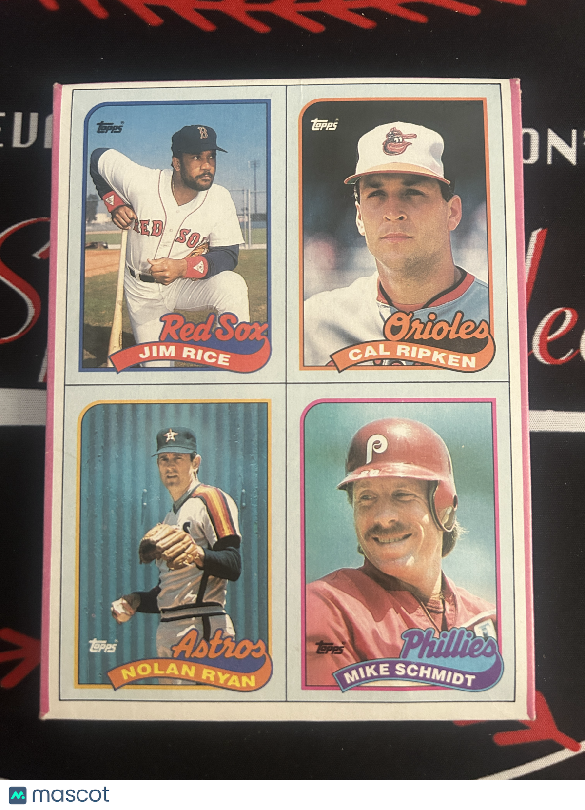 1989 Topps UNCUT 4-CARDS Nolan Ryan/Schmidt/Ripken/Rice Bottom of Hobby Box(EX)
