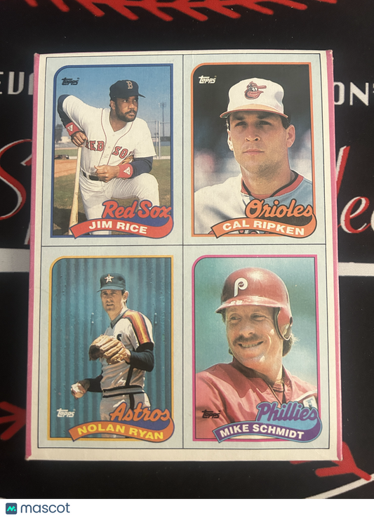 1989 Topps UNCUT 4-CARDS Nolan Ryan/Schmidt/Ripken/Rice Bottom of Hobby Box(EX)
