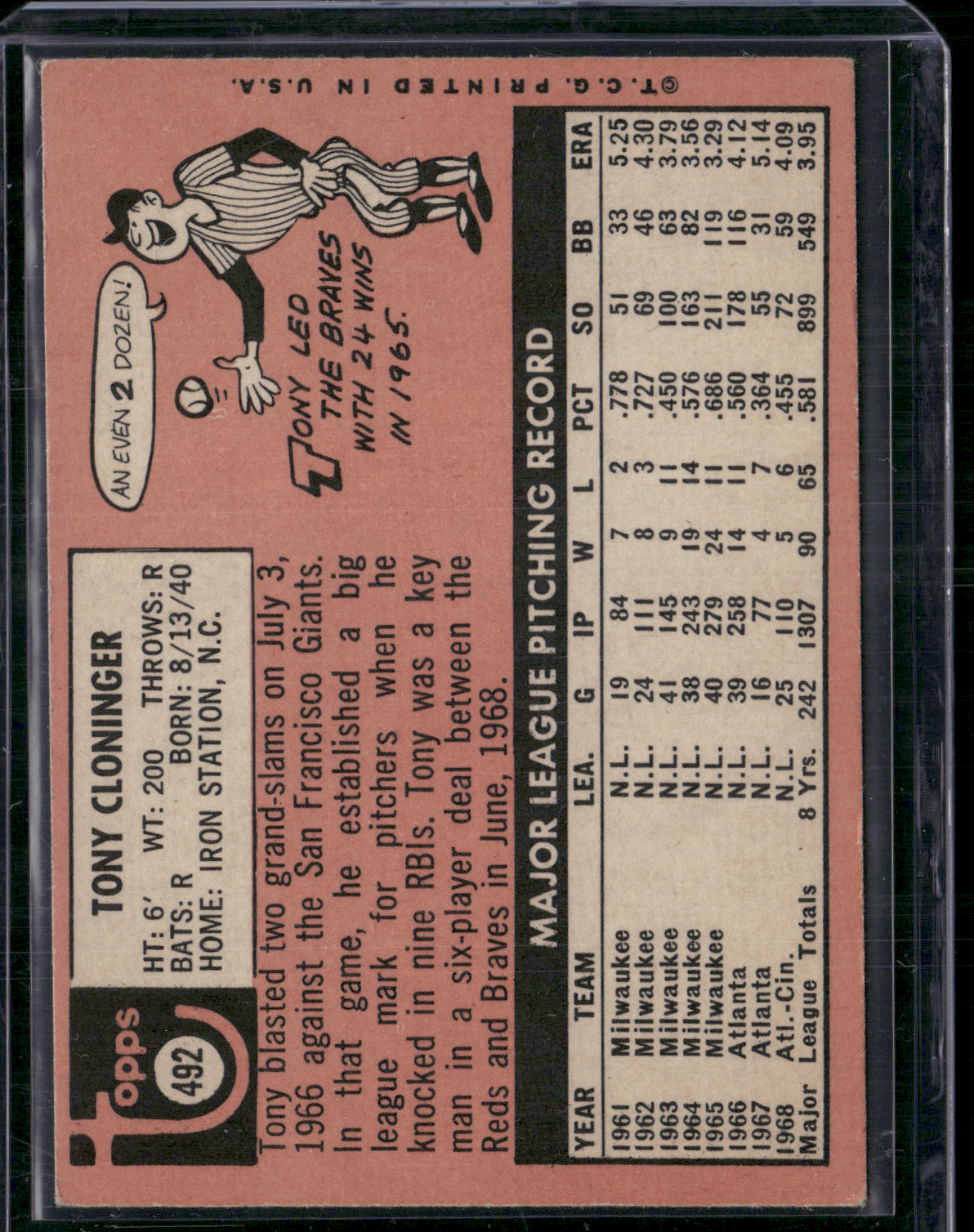 1969 Topps TONY CLONINGER #492 (VG/EX)