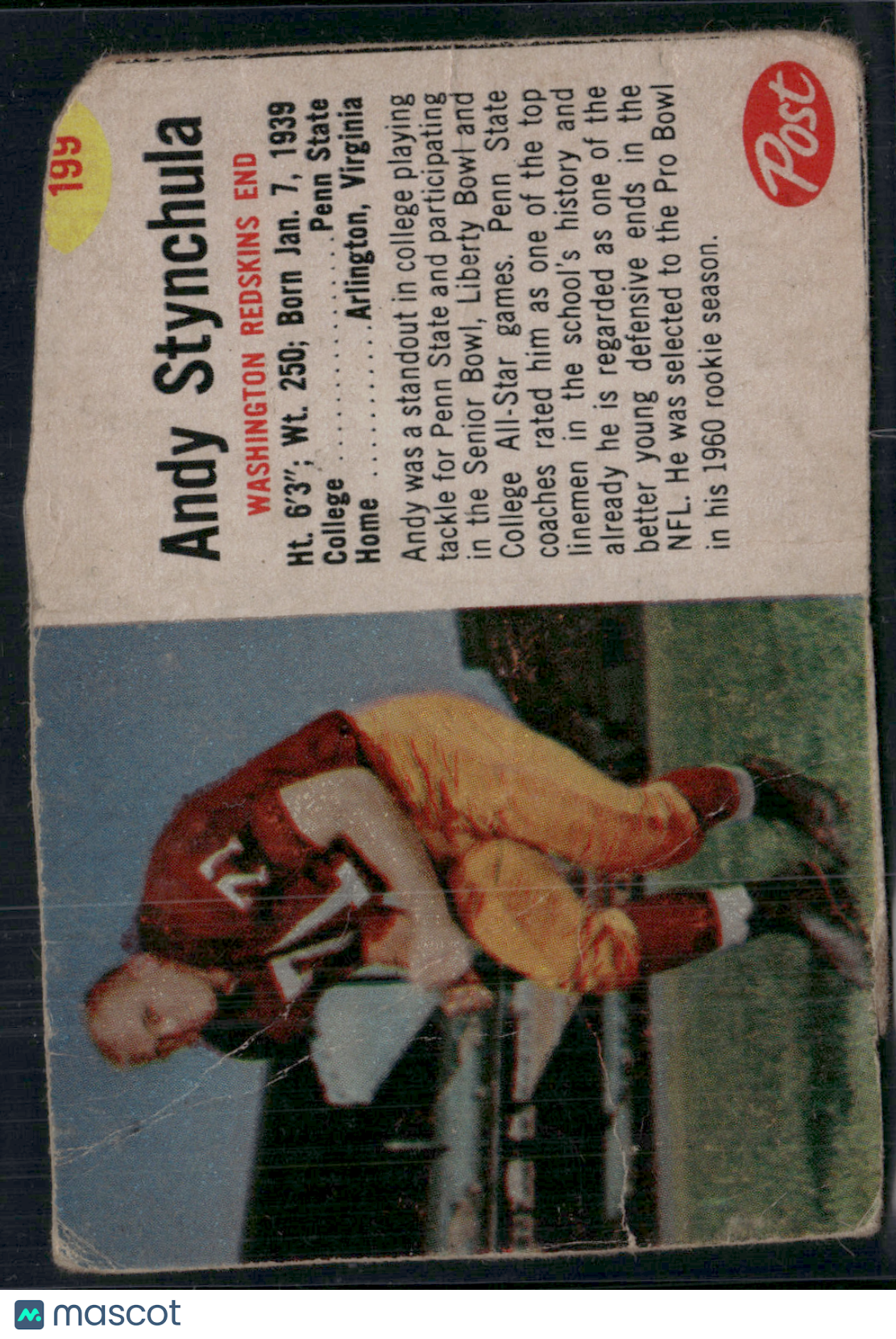 1962 Cereal Box ANDY STYNCHULA #199 Hand Cut Wrinkles Creases (Good)