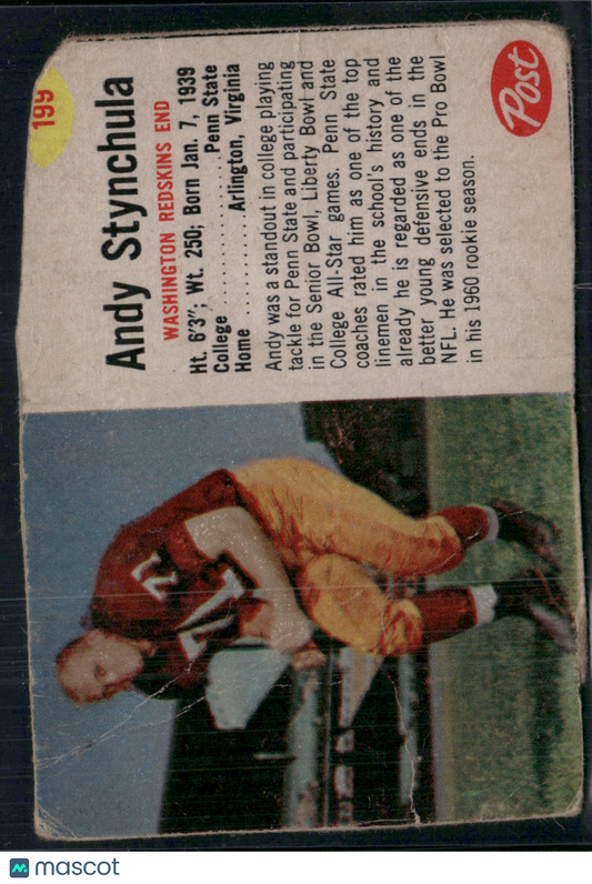 1962 Cereal Box ANDY STYNCHULA #199 Hand Cut Wrinkles Creases (Good)