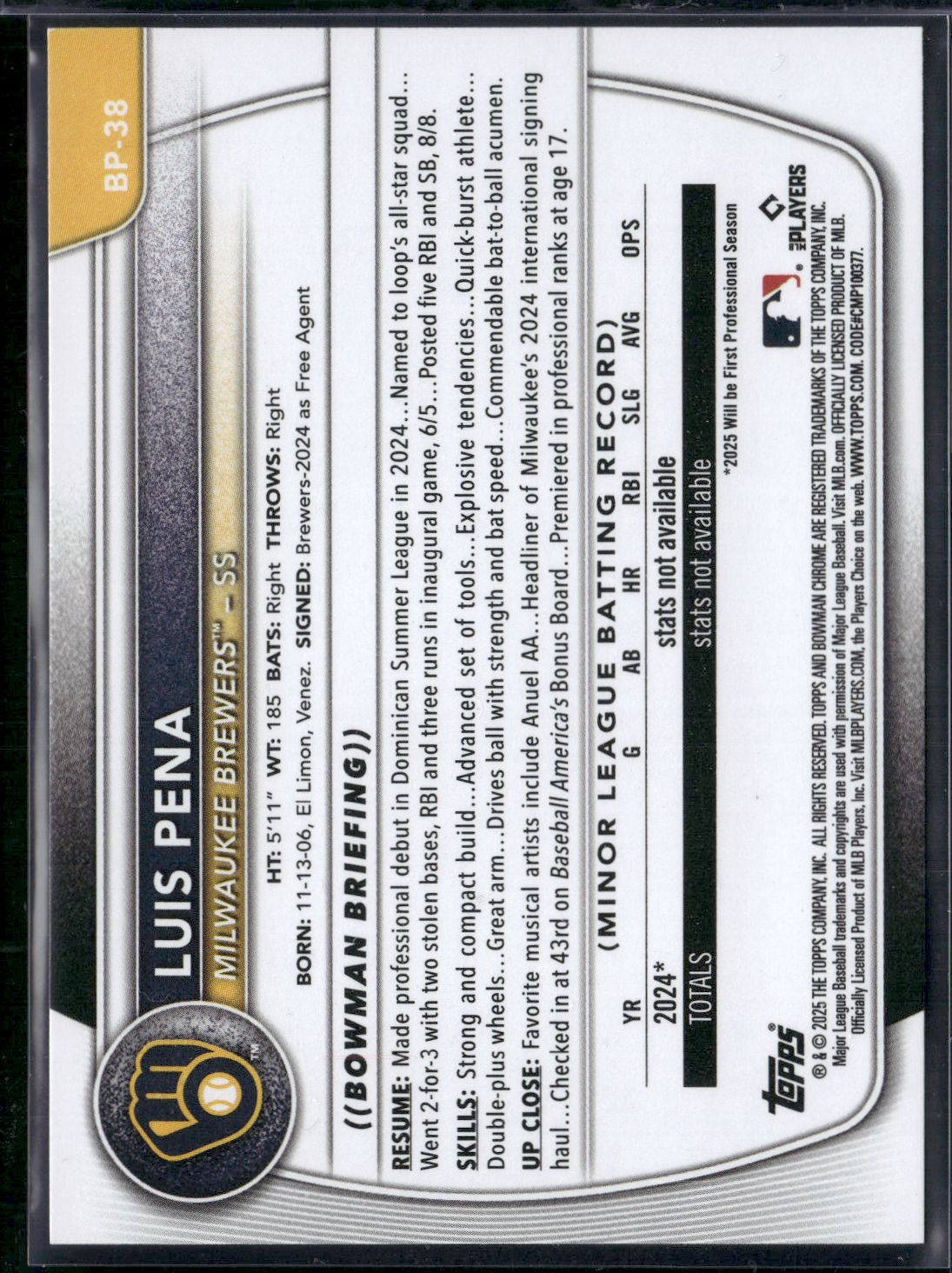 2025 Bowman LUIS PENA #BP-38 1st Bowman