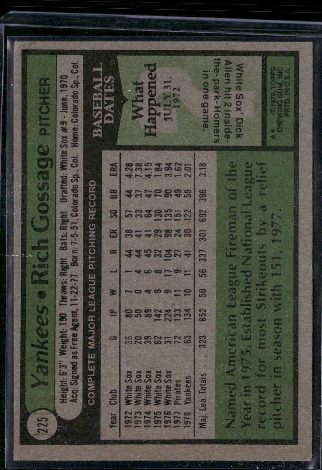 1979 Topps RICH GOSSAGE #225 Corner Crush (VG)