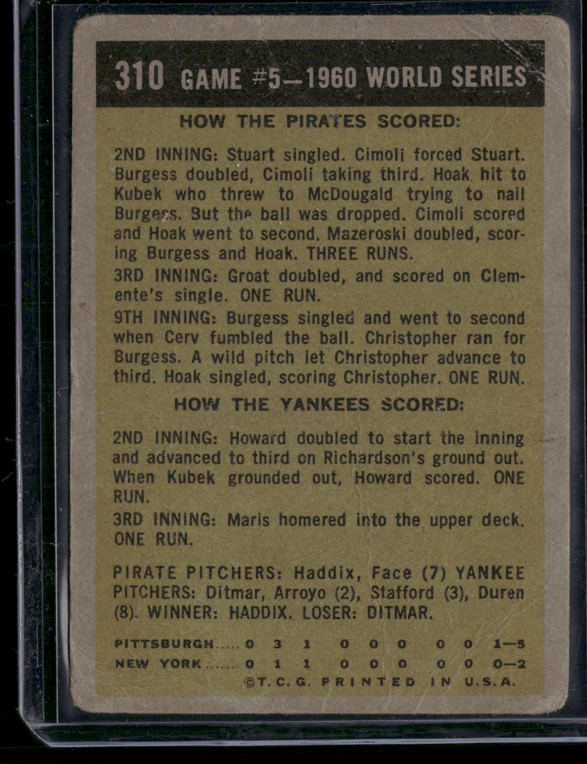1961 Topps ROY FACE -FACE SAVES THE DAY #310 1960WorldSeriesGame#5Wrinkles(Good)
