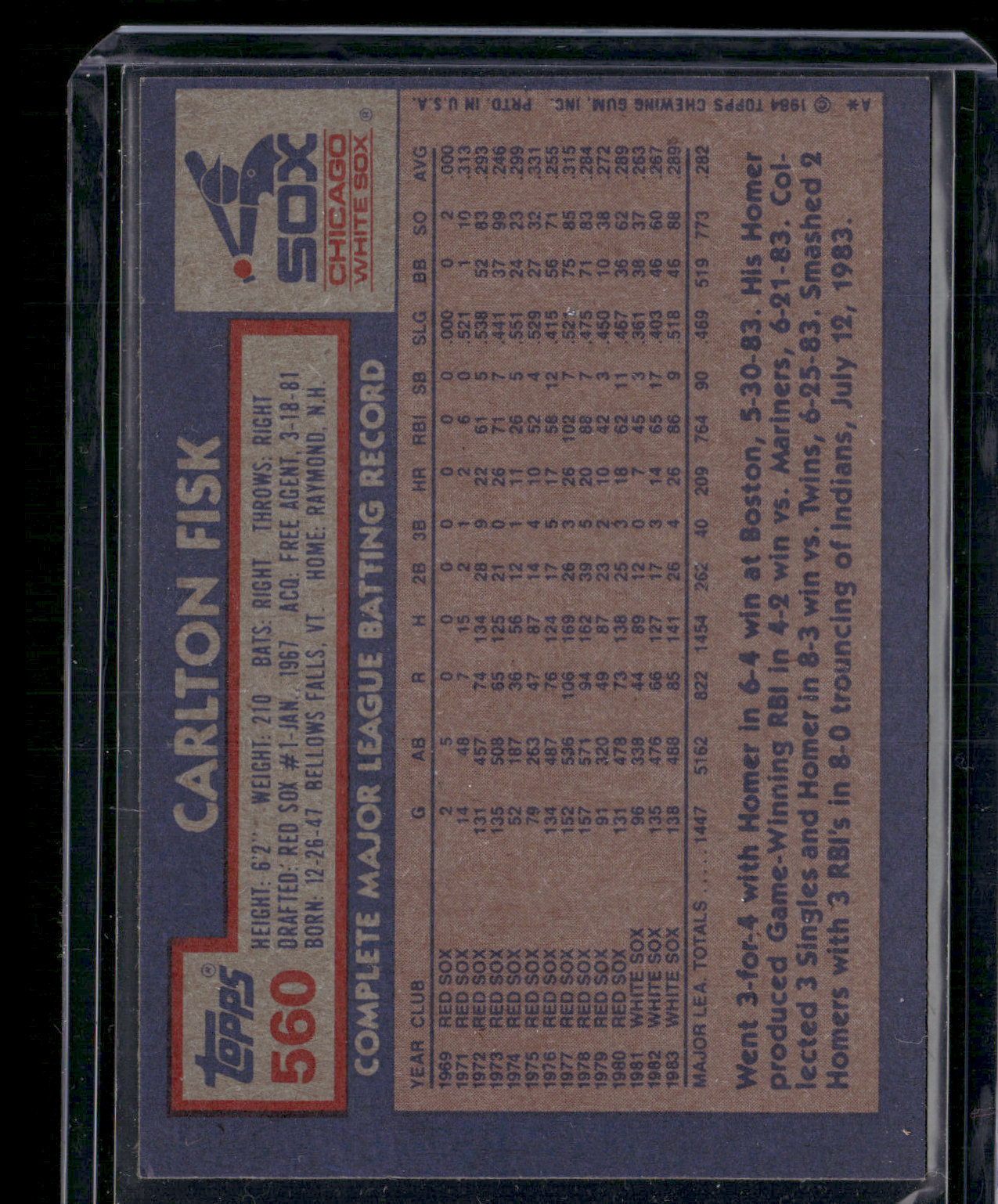 1984 Topps CARLTON FISK #560 (EX/MT)
