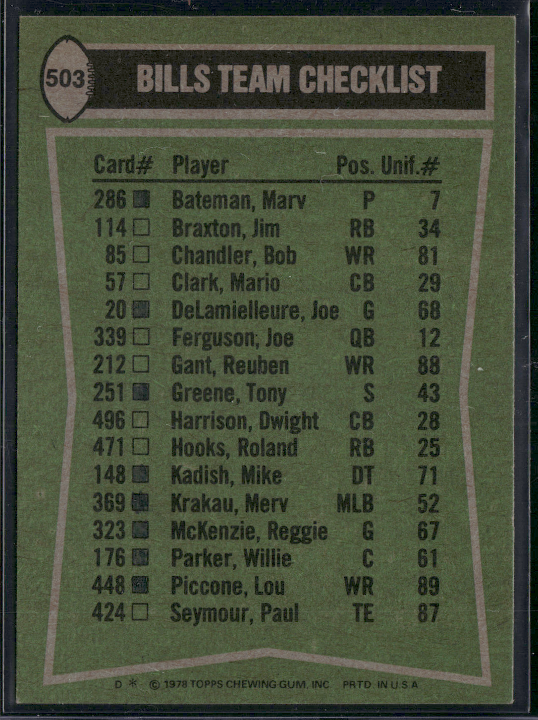 1978 Topps BILLS TEAM LEADERS - O.J. SIMPSON #503 Ink on Back (EX/MT)