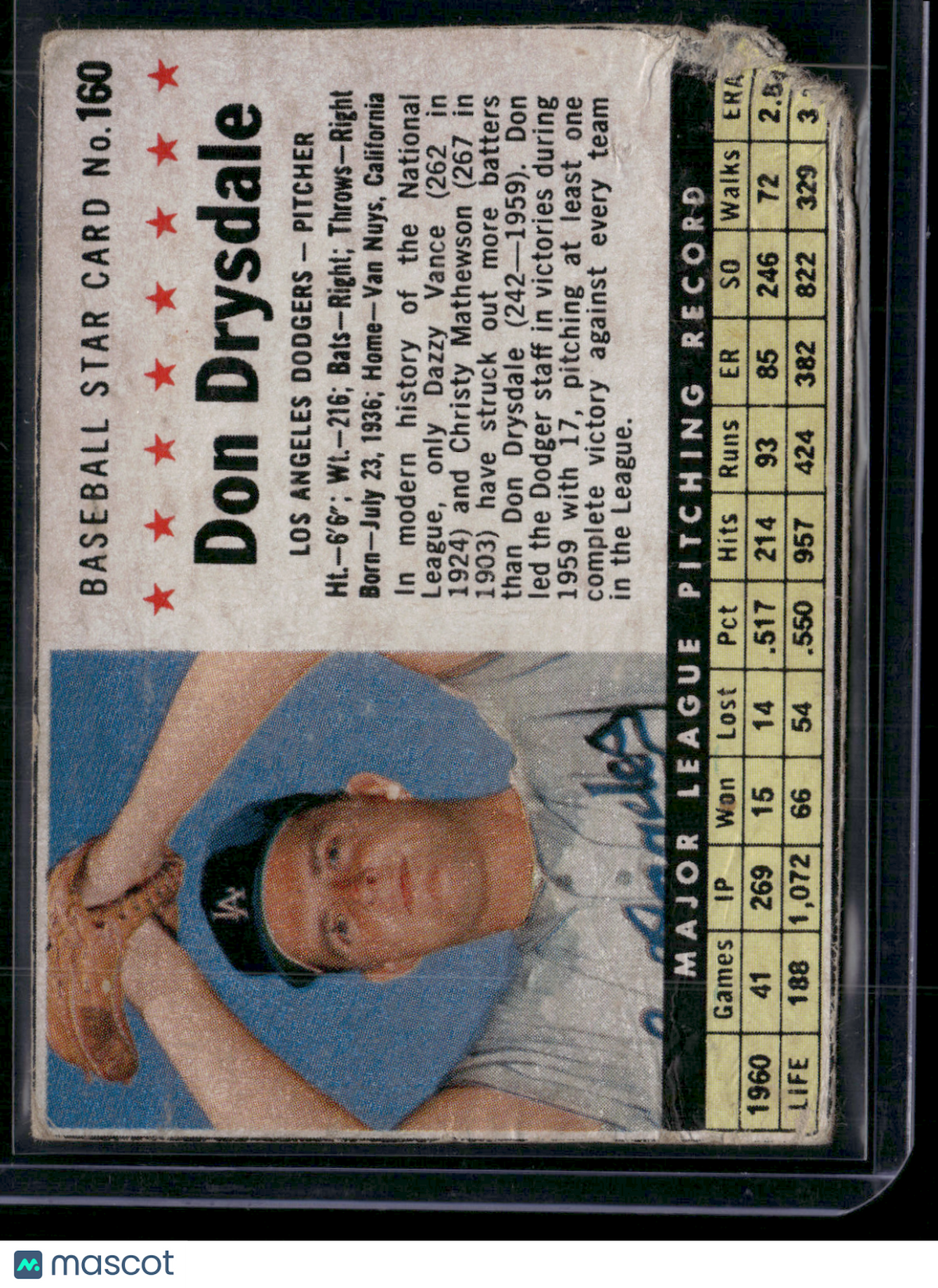 1961 Cereal Box DON DRYSDALE #160 Hand Cut Corner Missing Wrinkling (Poor)
