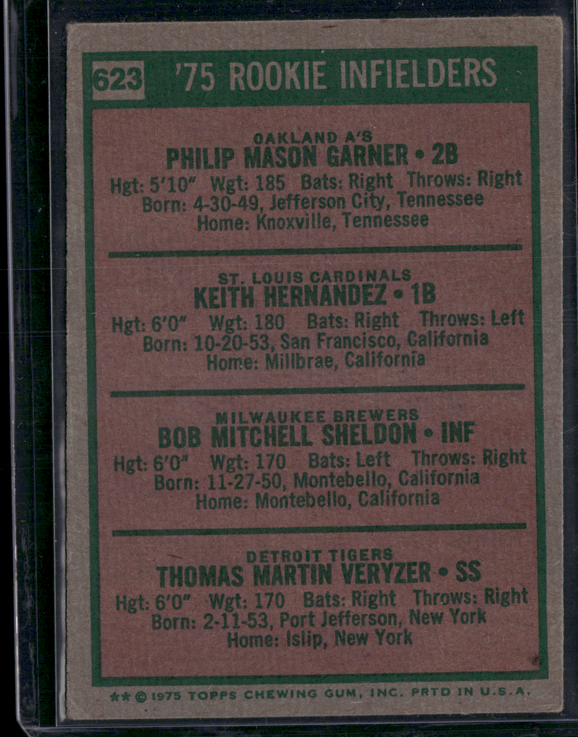 1975 Topps KEITH HERNANDEZ/GARNER/SHELDON/VERYZER #623 1975 RookieInfielders(VG)
