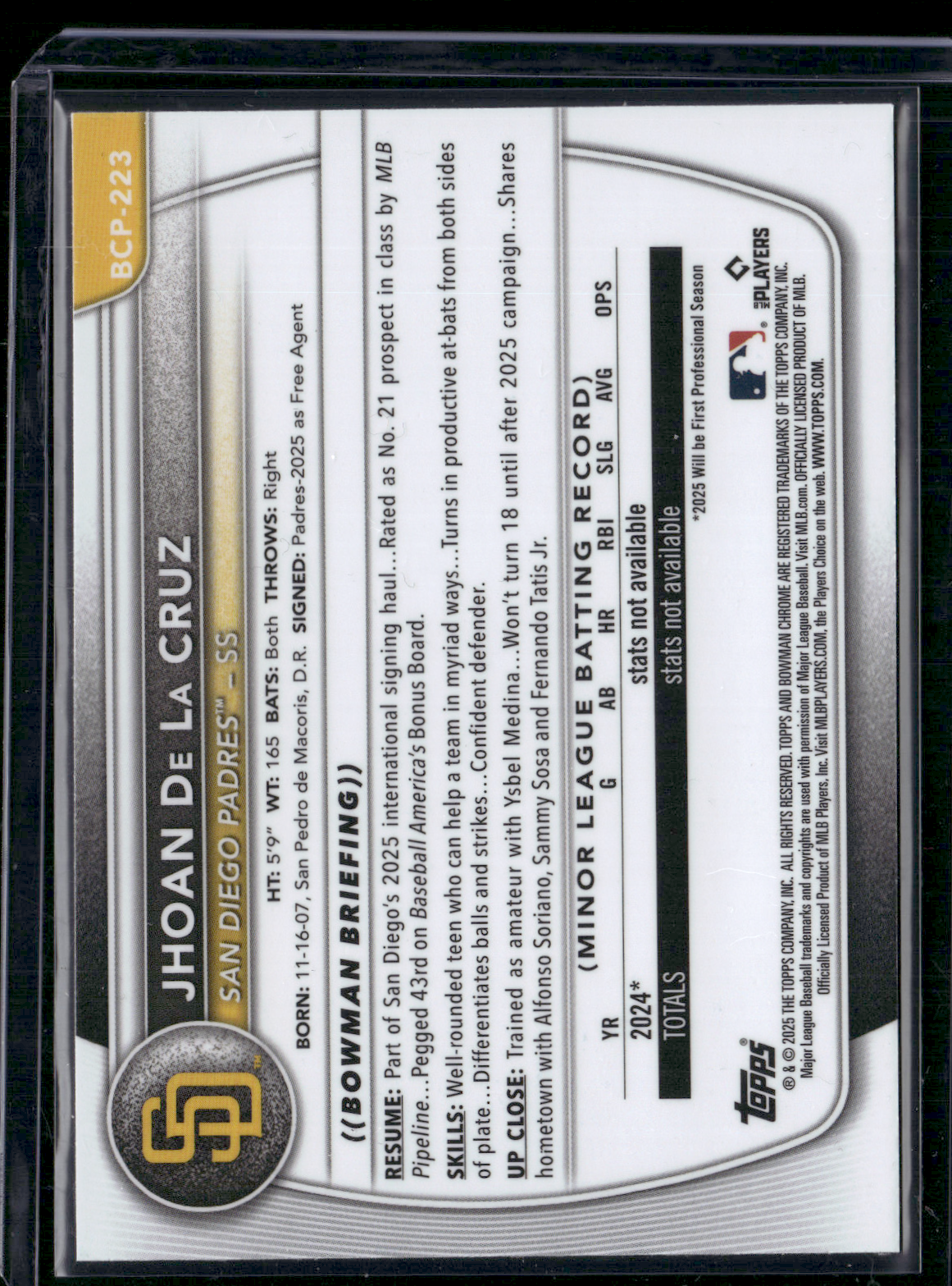 2025 Bowman Chrome JHOAN DE LA CRUZ #BCP-223 Mega 1st Bowman