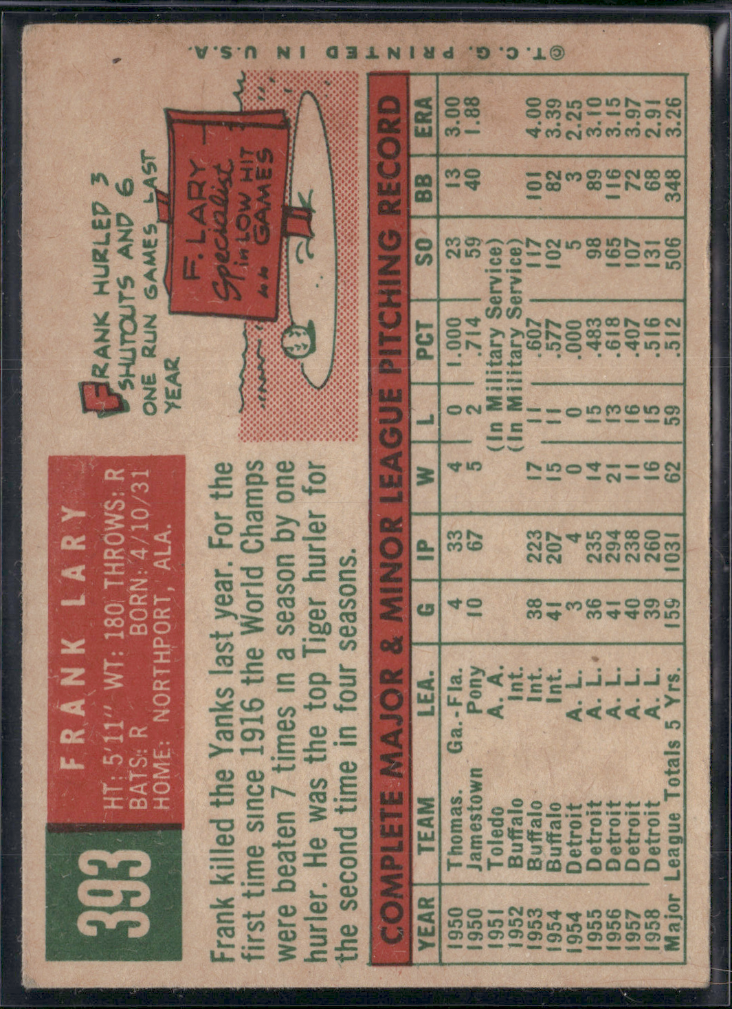 1959 Topps FRANK LARY #393 (VG/EX)