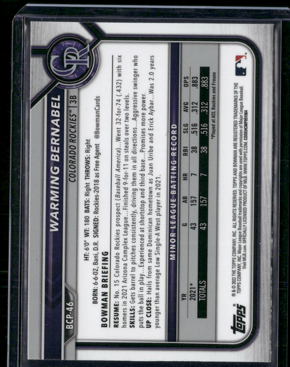 2022 Bowman Chrome Sapphire WARMING BERNABLE #BCP-46 1st Bowman Blue Sapphire