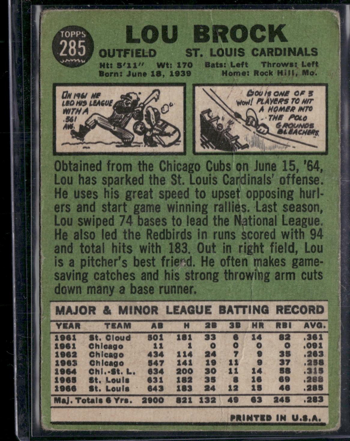 1967 Topps LOU BROCK #285 Wax Stain Wrinkles (Good)