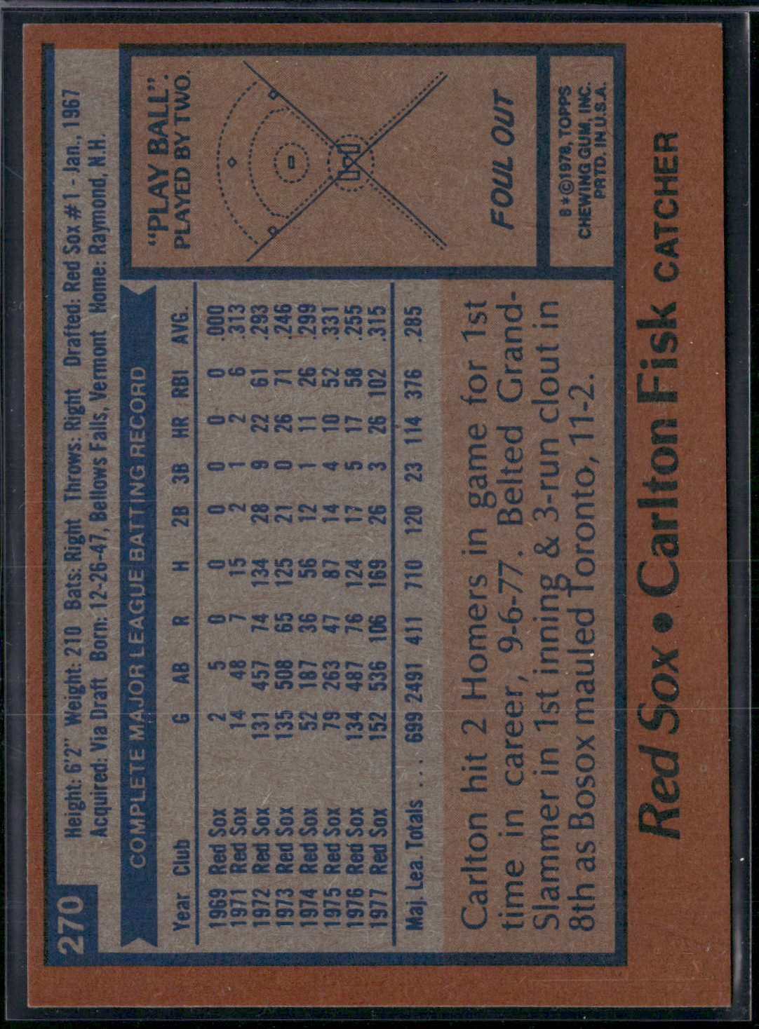1978 Topps CARLTON FISK #270 Grain Raise (EX)