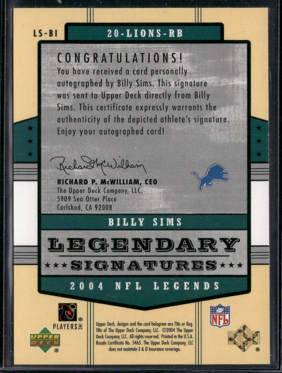 2004 Upper Deck BILLY SIMS #LS-BI Legendary Signatures Auto (NM)