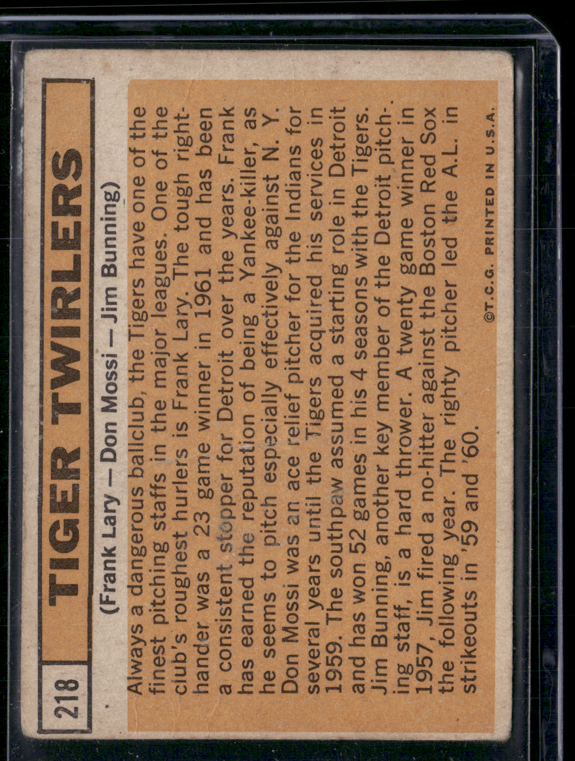 1963 Topps FRANK LARY/DON MOSSI/JIM BUNNING #218 Tiger Twirlers