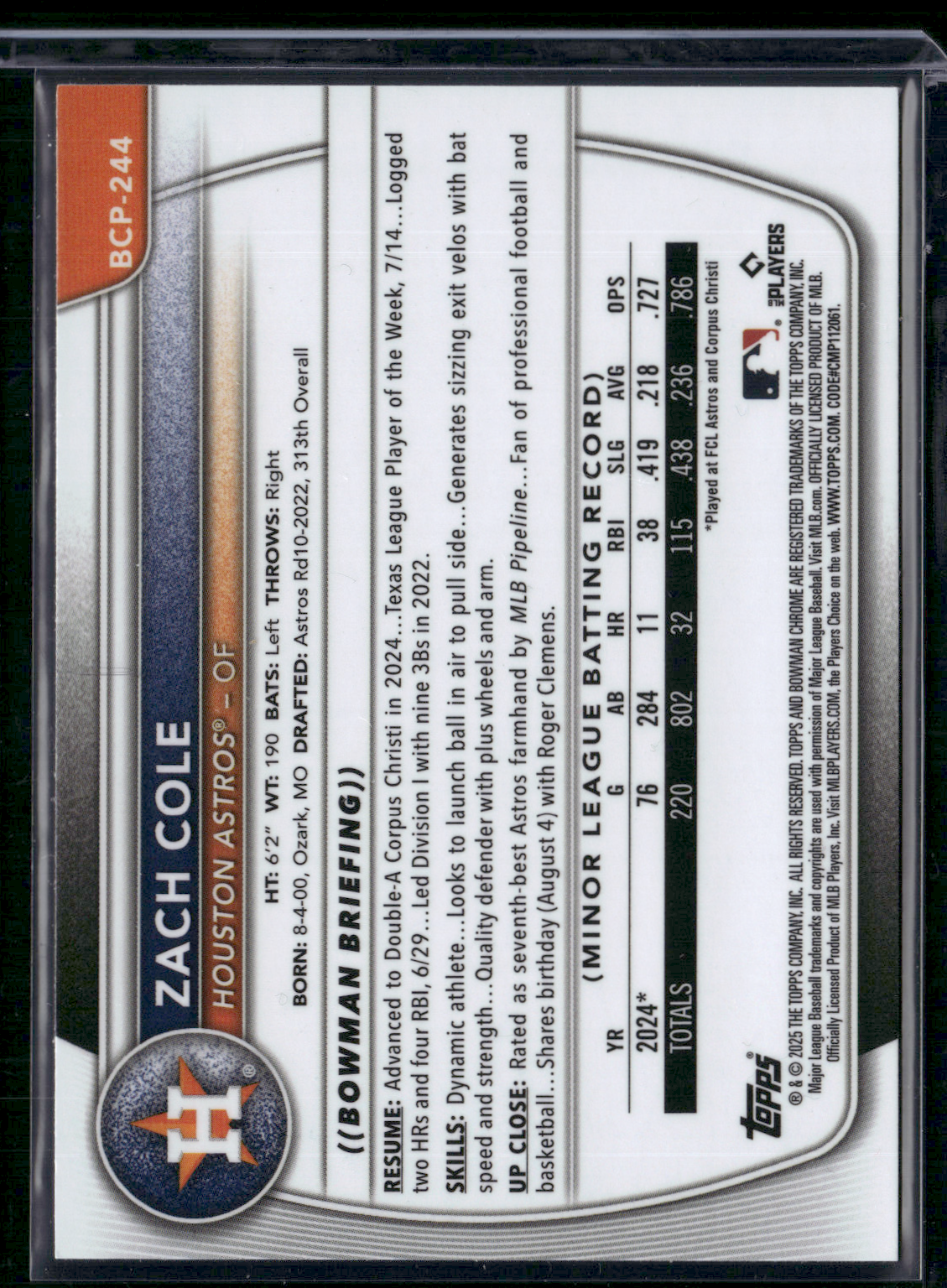 2025 Bowman Chrome ZACH COLE #BCP-244 Chrome 1st Bowman