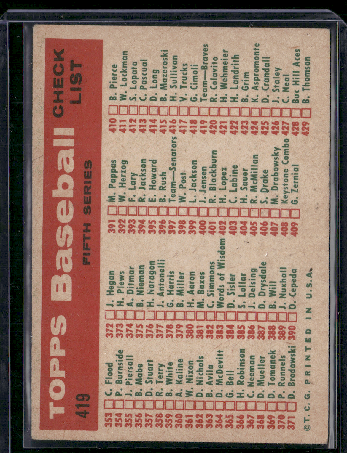 1959 Topps MILWAUKEE BRAVES #419 Light Wrinkle (VG/EX)