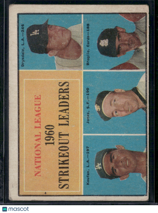 1961 Topps 1960 NL STRIKEOUT LEADERS #49 Drysdale/Koufax/Jones/Broglio (Good)