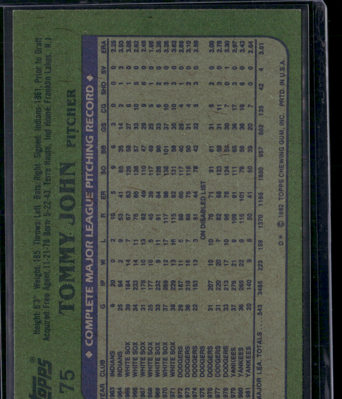 1982 Topps TOMMY JOHN #75 (EX)