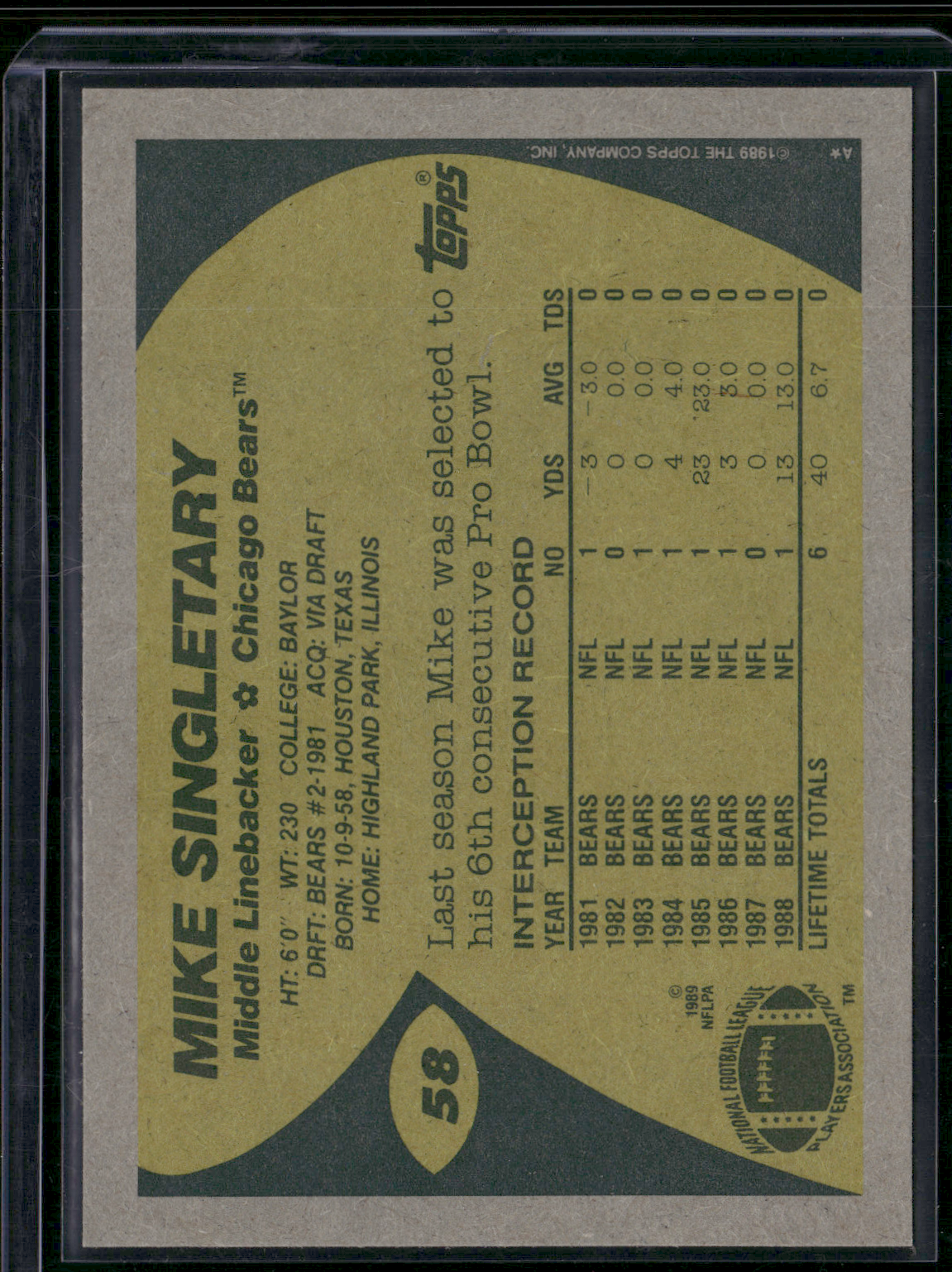 1989 Topps MIKE SINGLETARY #58 (NM)
