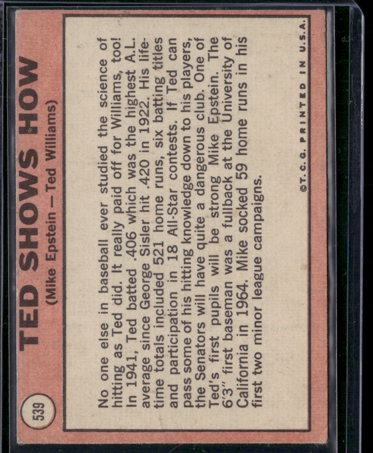 1969 Topps TED WILLIAMS/MIKE EPSTEIN #539 Ted Shows How Surface Dents (Good)