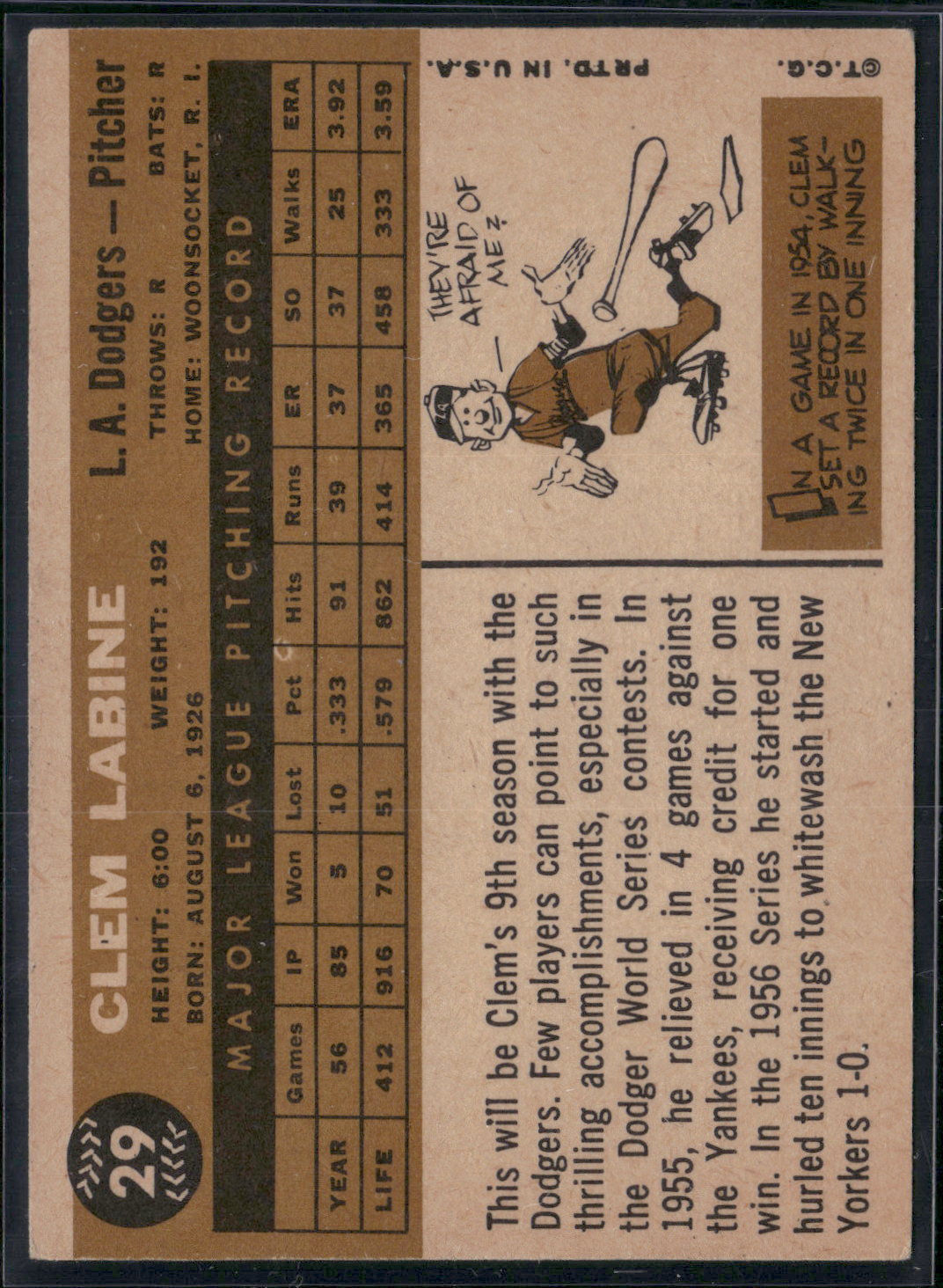 1960 Topps CLEM LABINE #29 (VG)