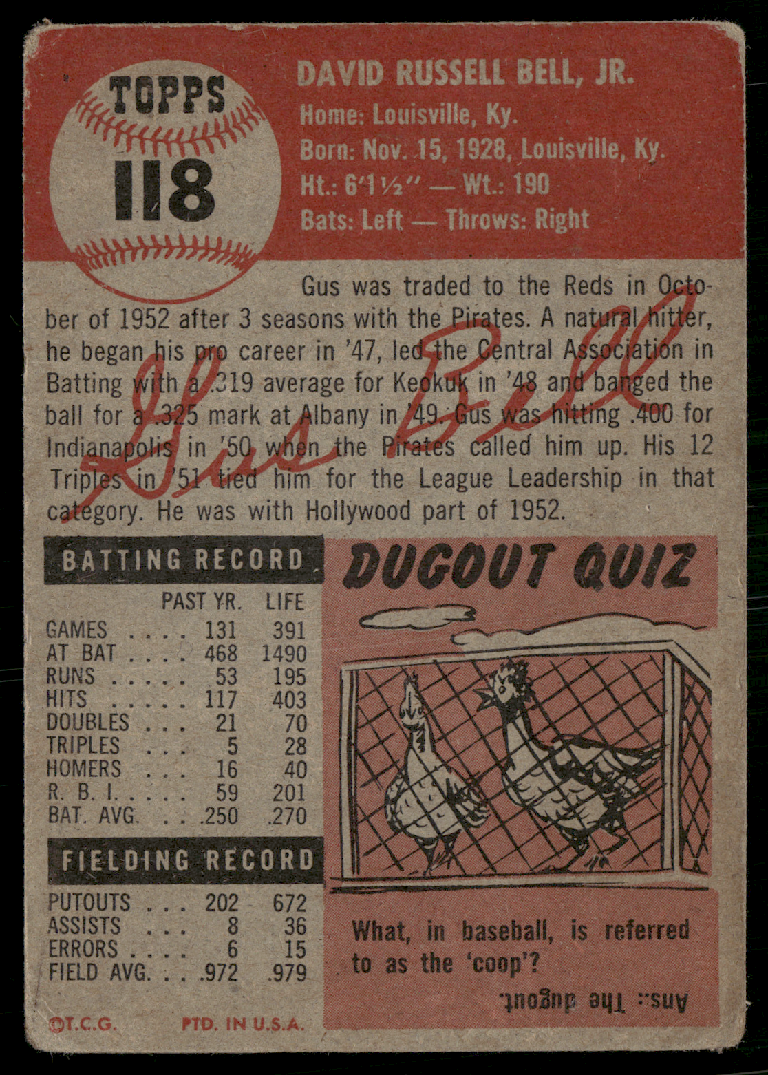 1953 Topps GUS BELL #118 Light Wrinkles (Good)