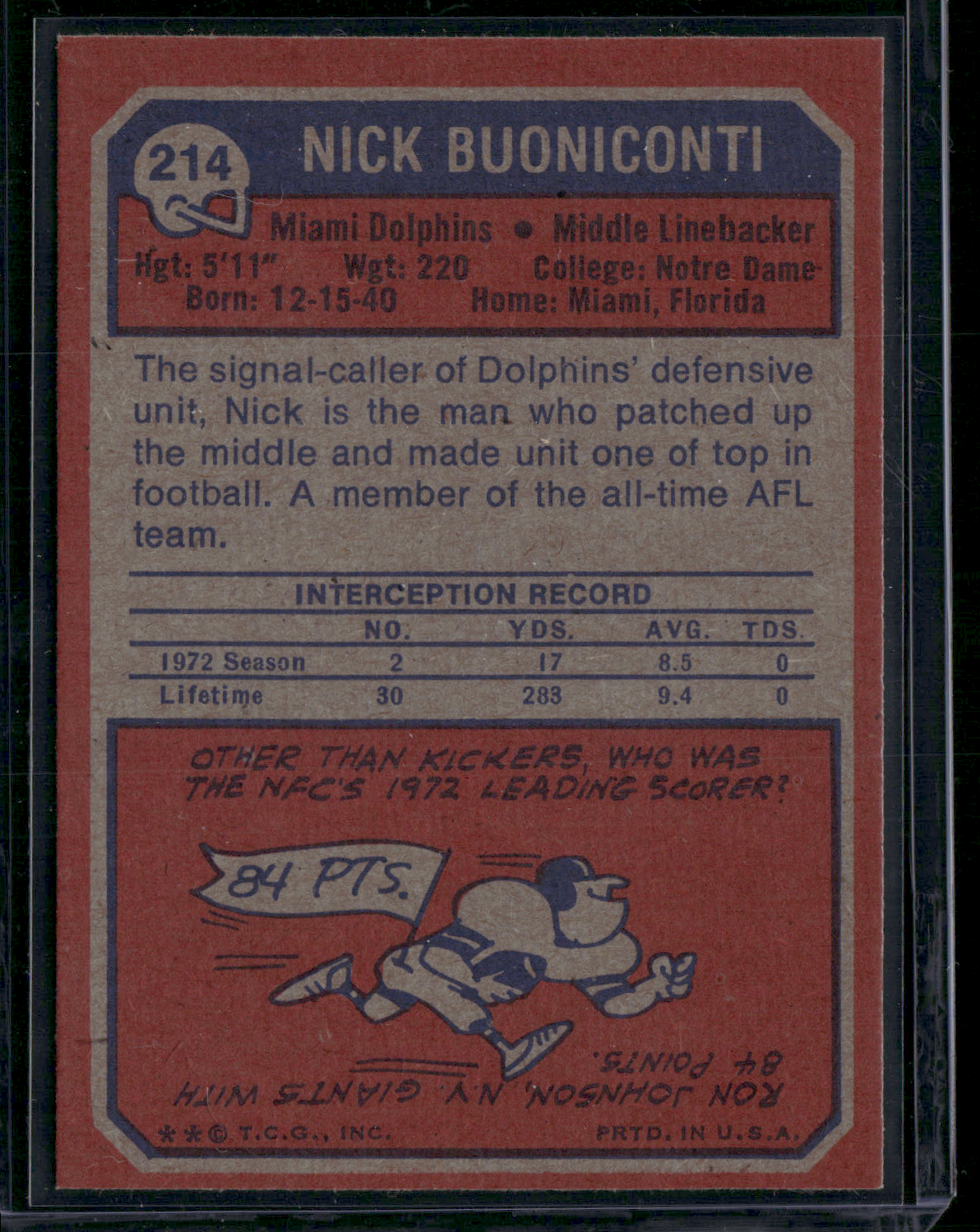 1973 Topps NICK BUONICONTI #214 (NM)