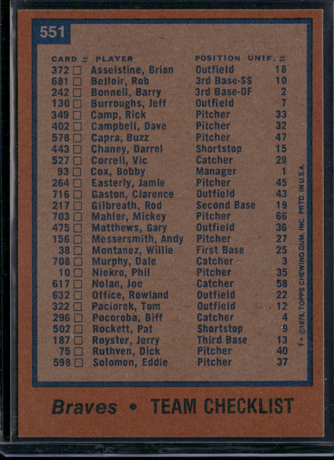 1978 Topps ATLANTA BRAVES #551 (EX-EX/MT)