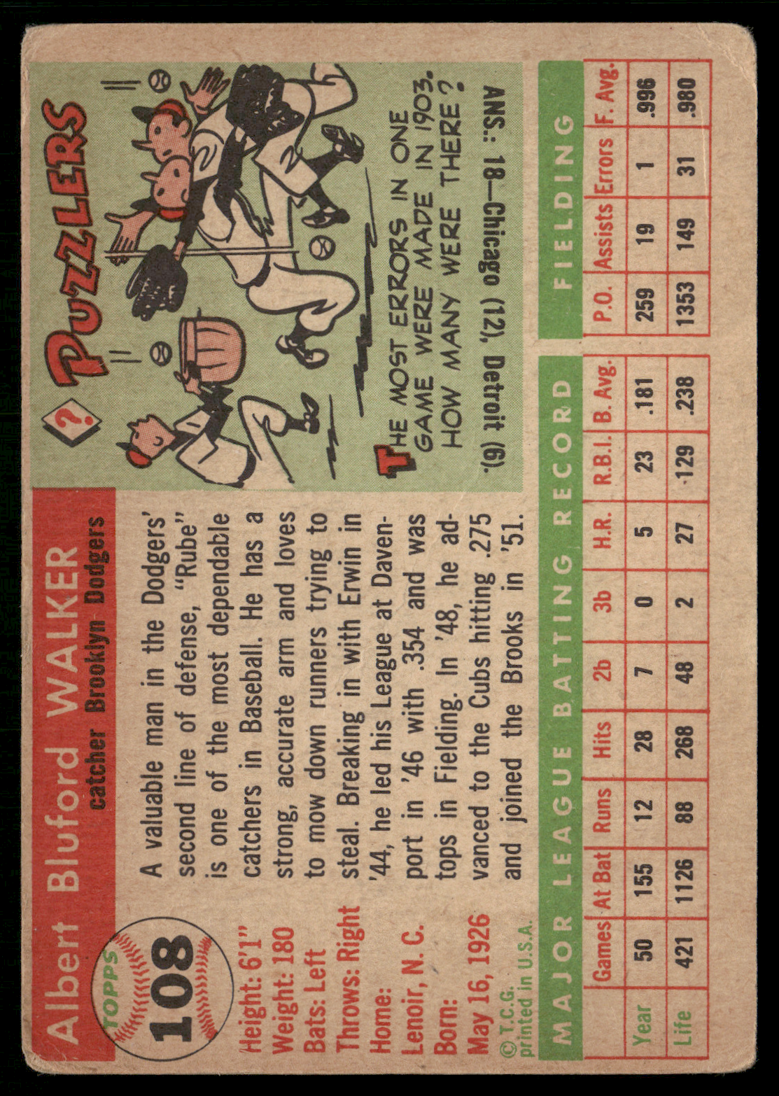 1955 Topps RUBE WALKER #108 Light Wrinkle (VG)