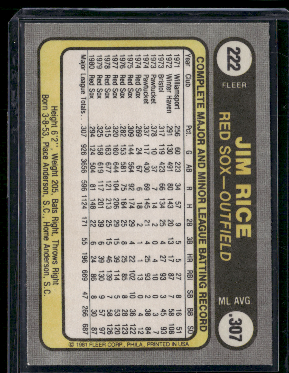 1981 Fleer JIM RICE #222 (EX/MT)