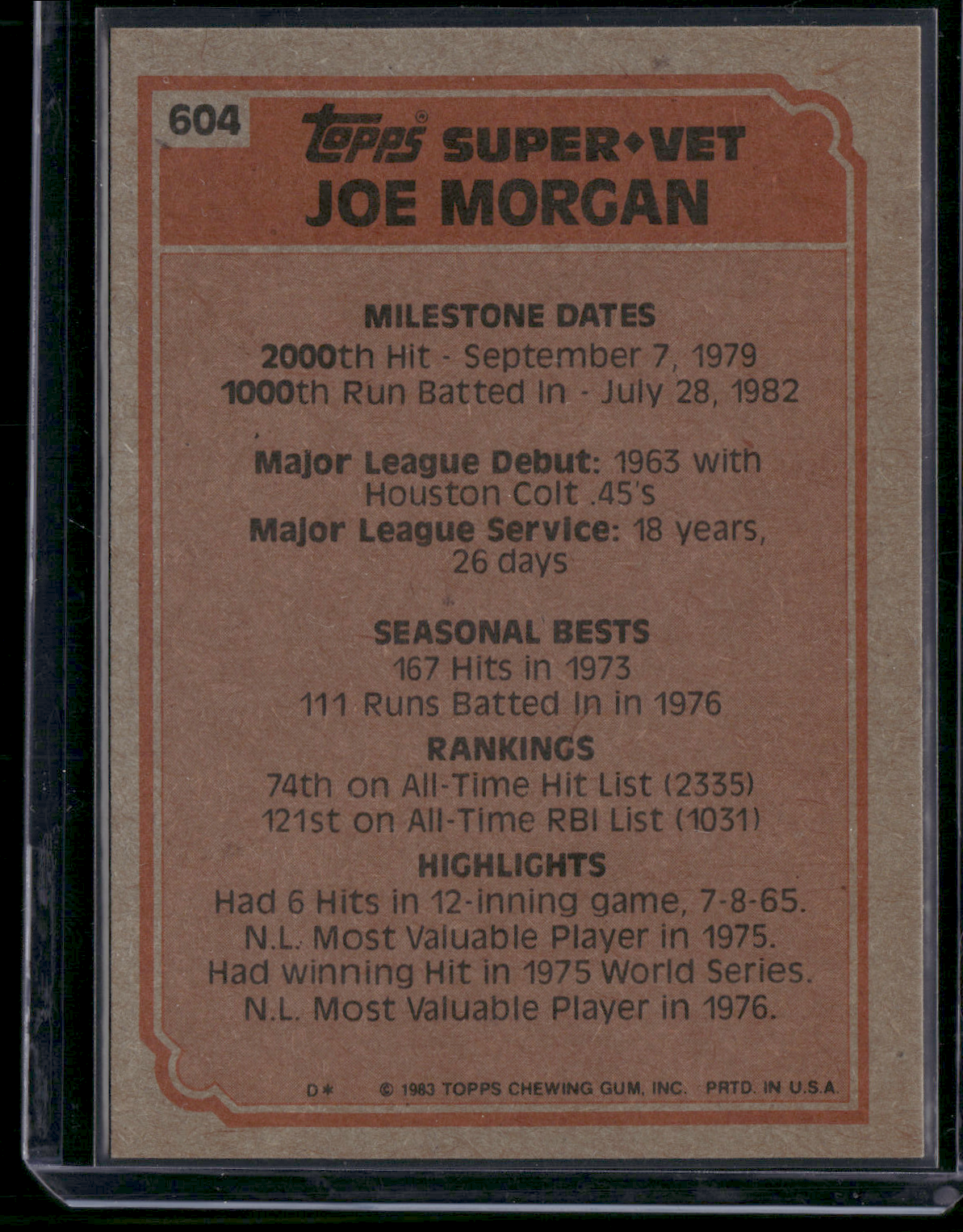1983 Topps JOE MORGAN #604 Super Veteran (NM)