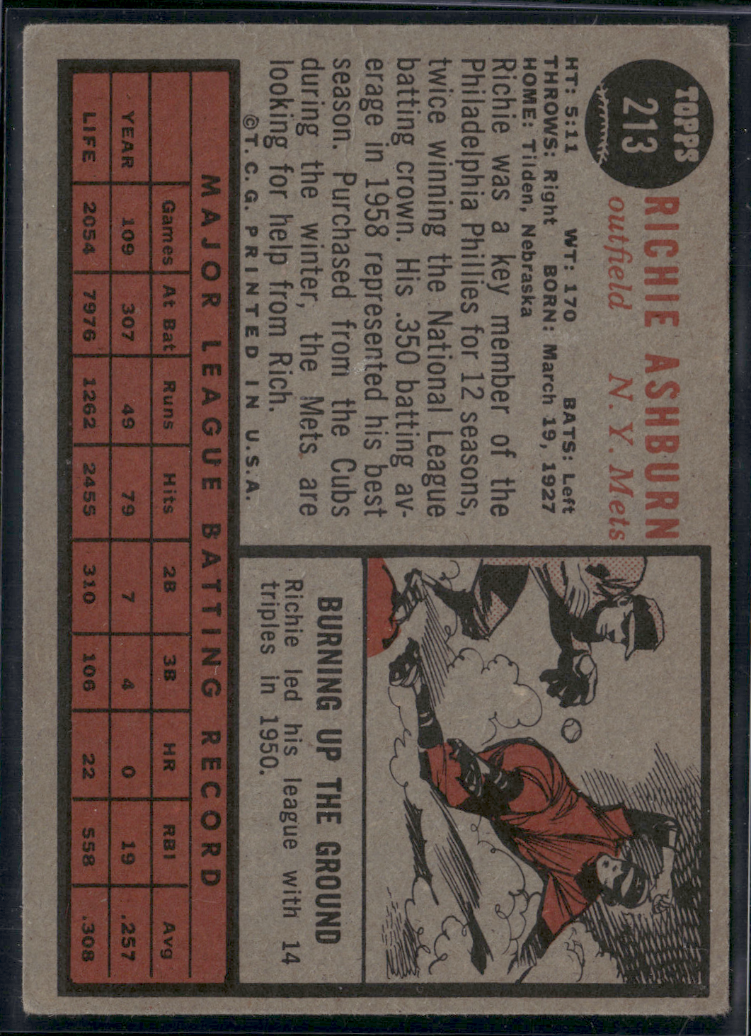 1962 Topps RICHIE ASHBURN #213 (VG-VG/EX)