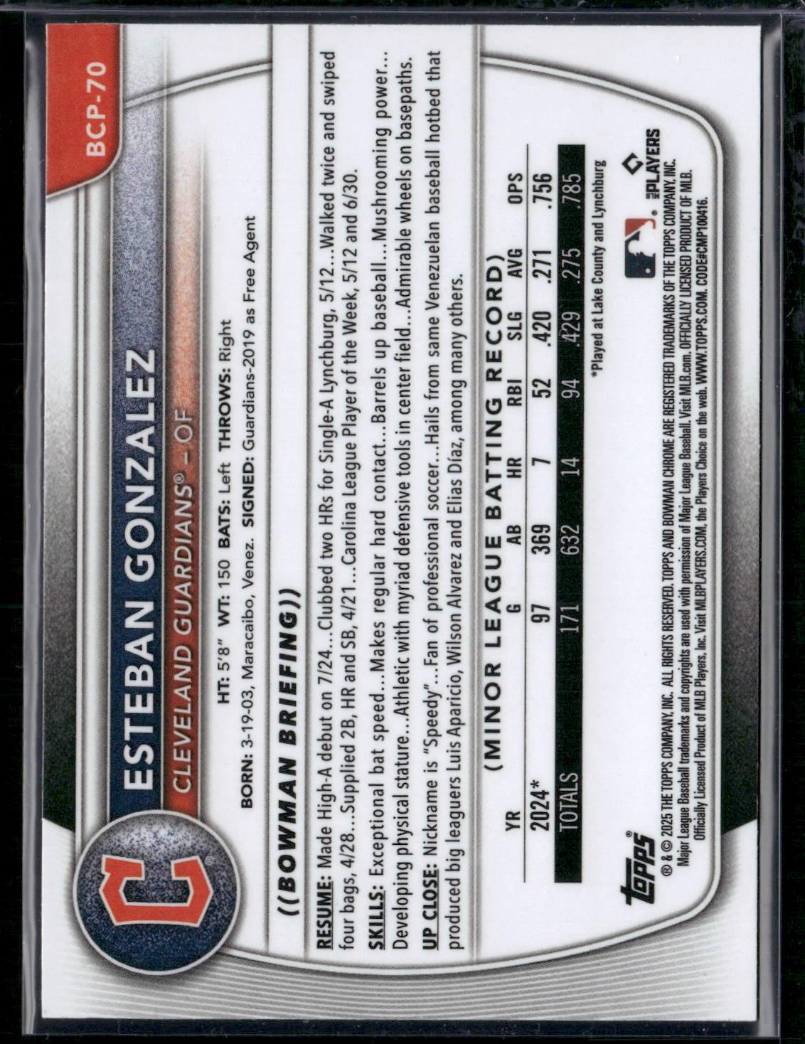 2025 Bowman ESTEBAN GONZALEZ #BCP-70 1st Bowman Chrome