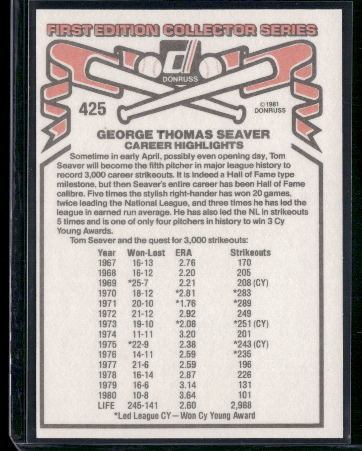 1981 Donruss TOM SEAVER #425 (NM)