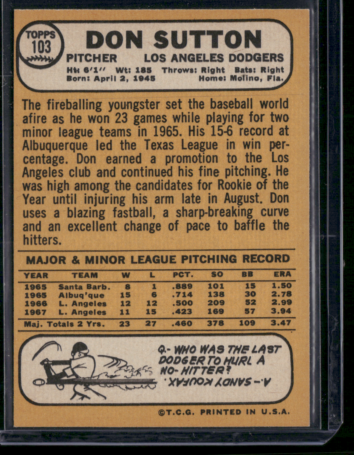 1968 Topps DON SUTTON #103 (NM) – Yacono Sports Collectibles