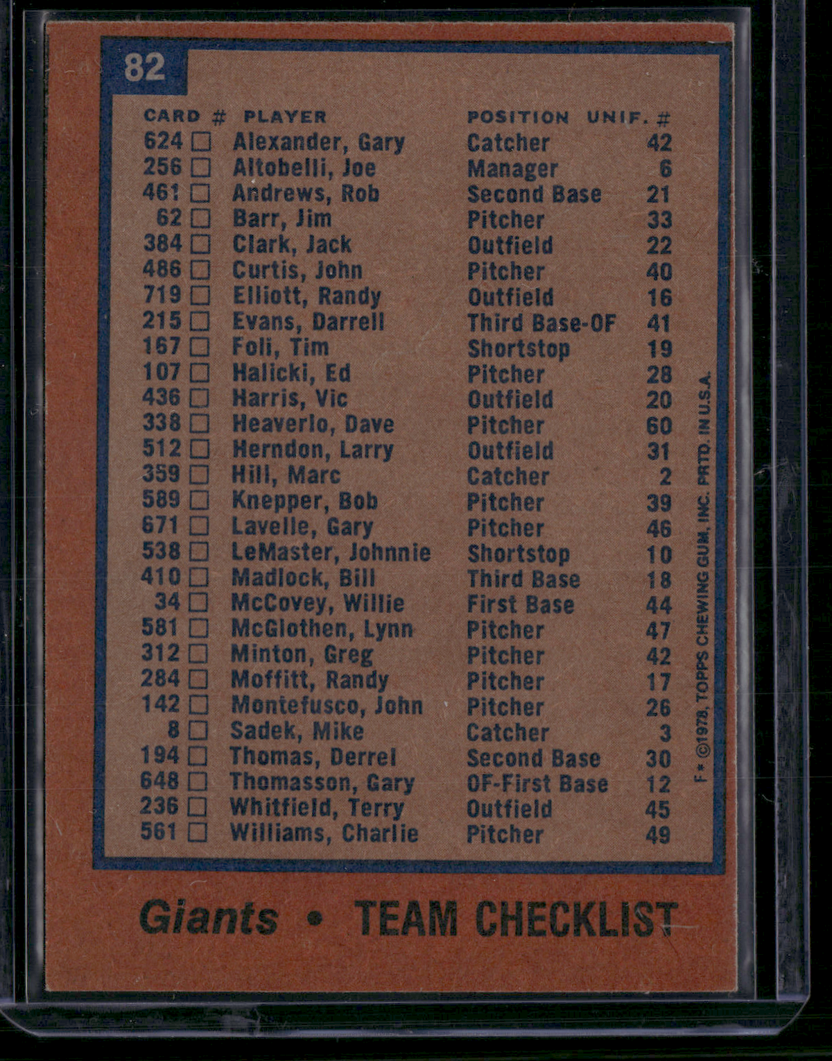 1978 Topps SAN FRANCISCO GIANTS #82 (EX-EX/MT)